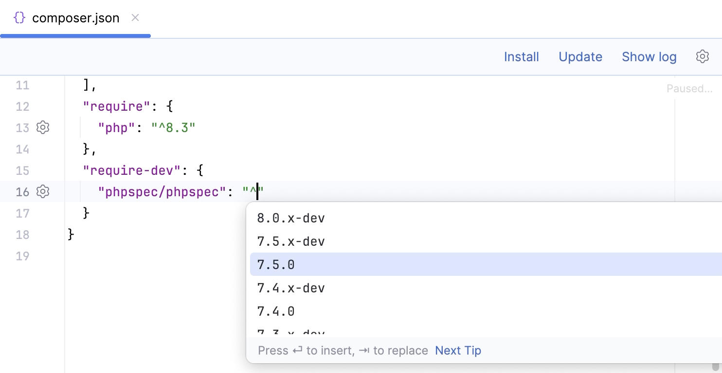 Code completion in composer.json