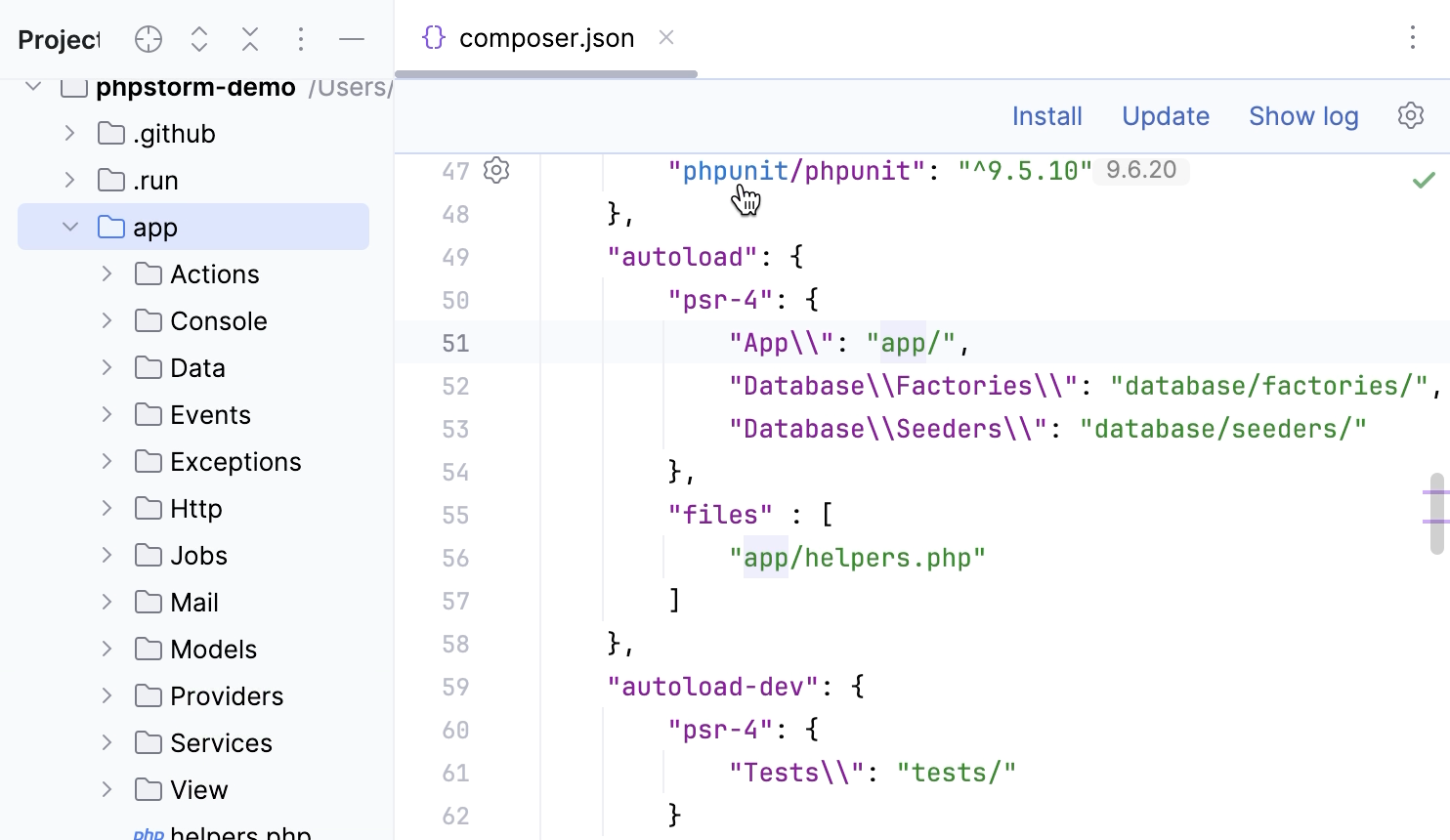 Code navigation in composer.json