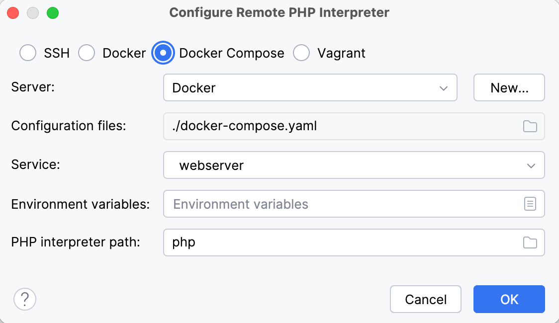 Remote interpreter via Docker Compose dialog