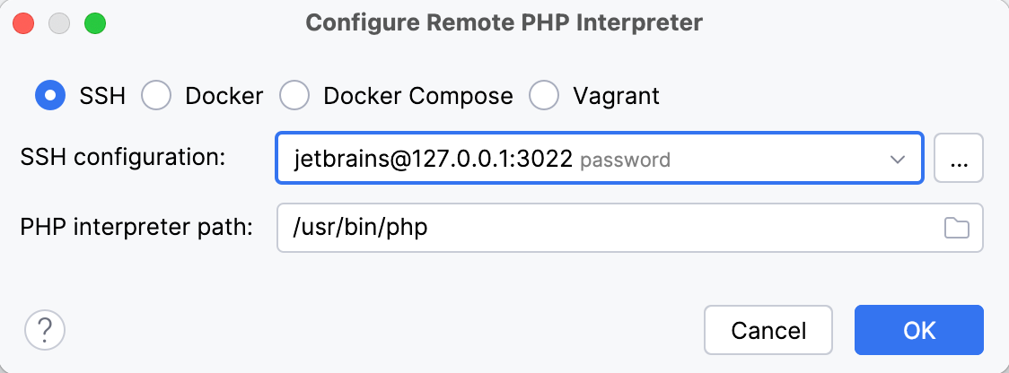 Remote interpreter via SSH dialog