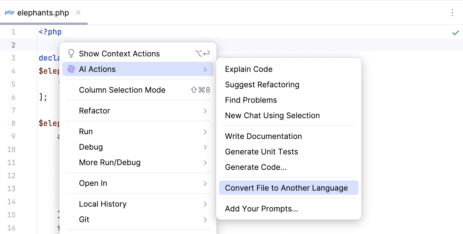 Convert File to Another Language action in context menu