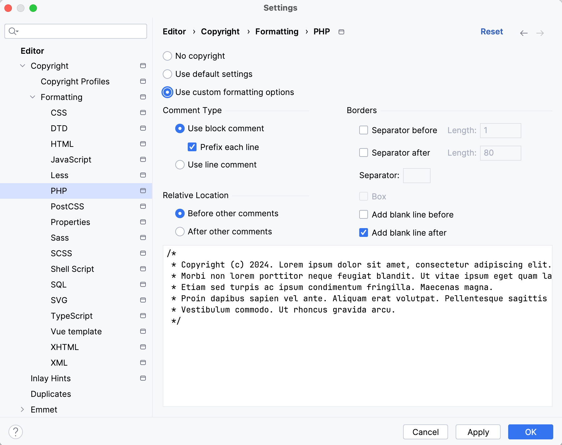 Changing the formatting for a copyright notice