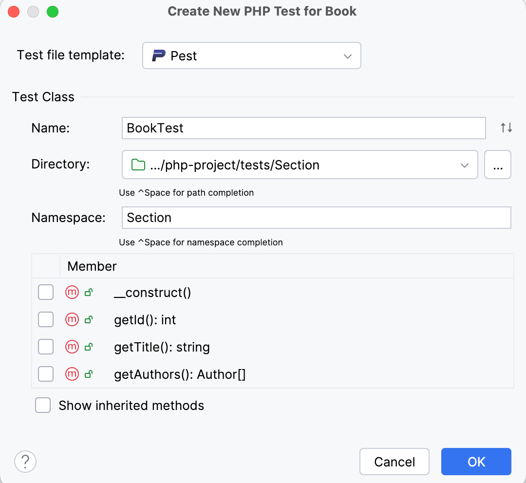 the Create new pest test dialog