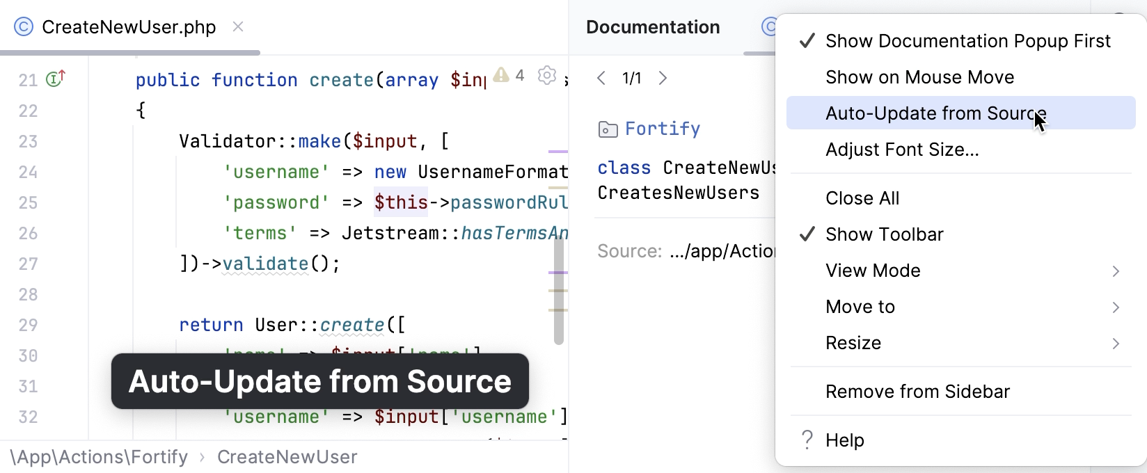 Documentation tool window shortcut