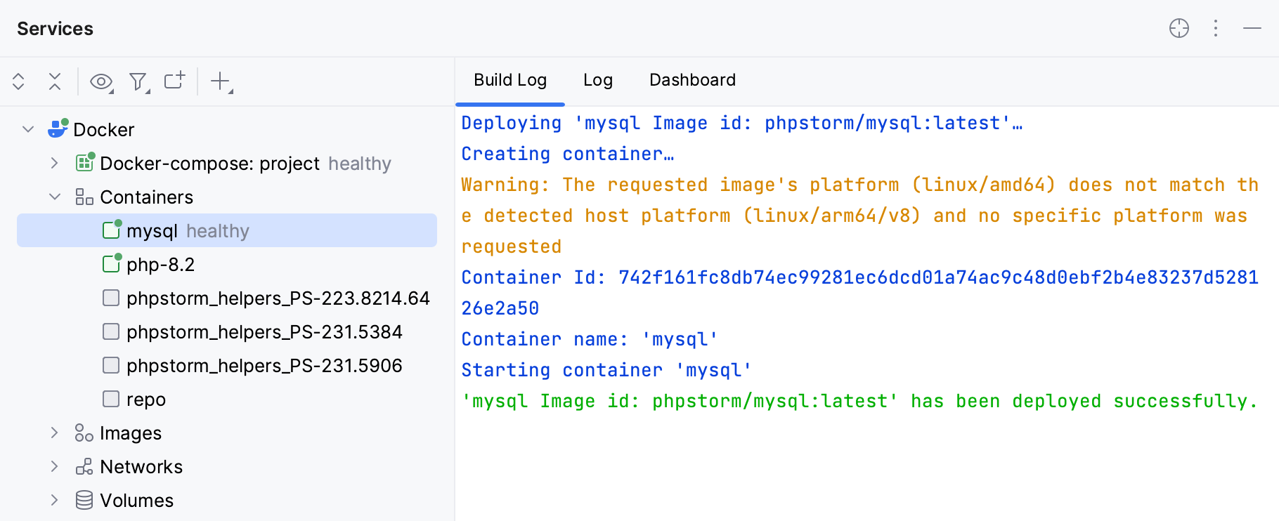 The Build Log tab of a container selected in the Services tool window