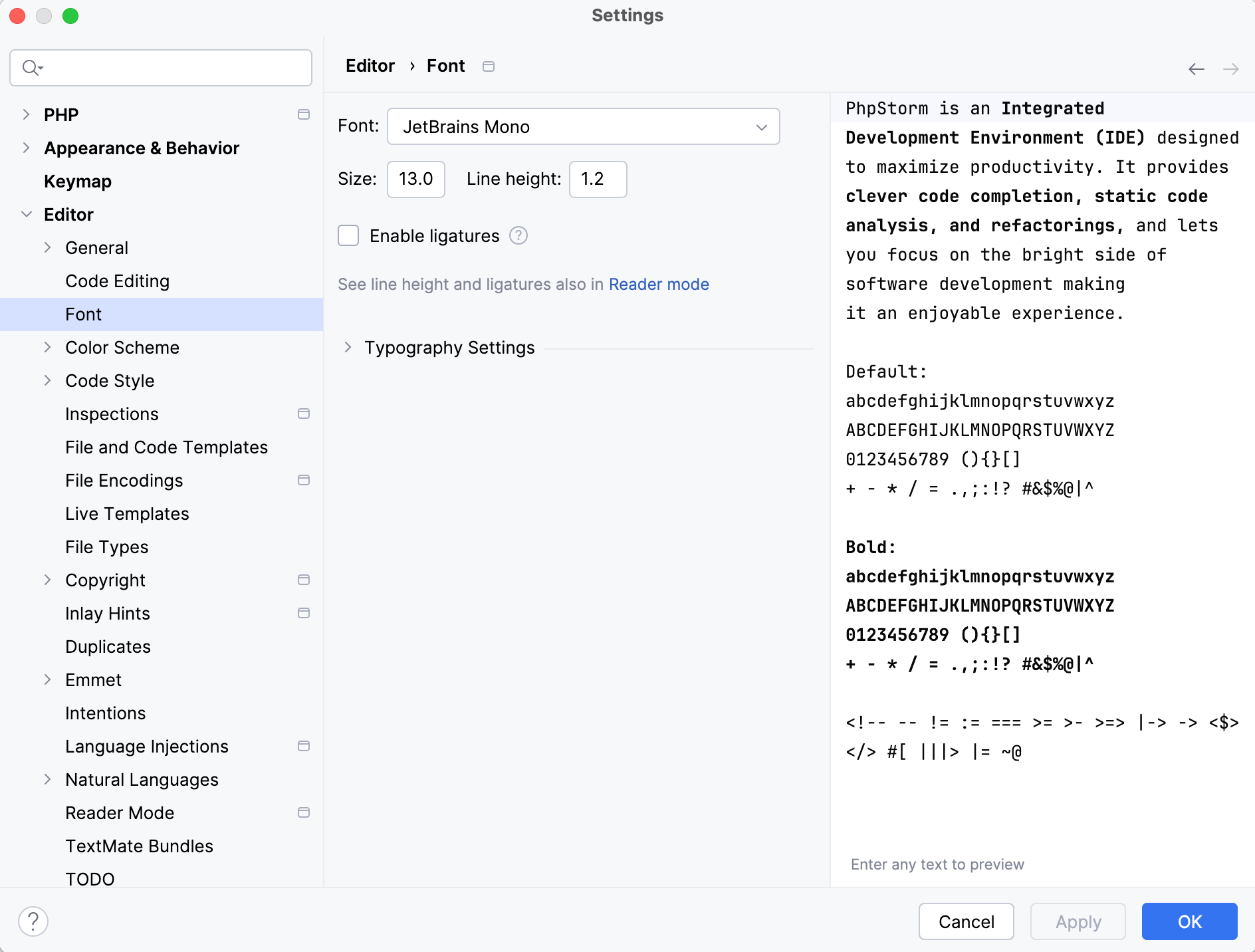 The Font settings page