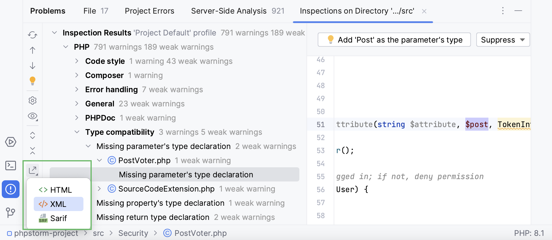 The Export button in the Inspection Results tool window