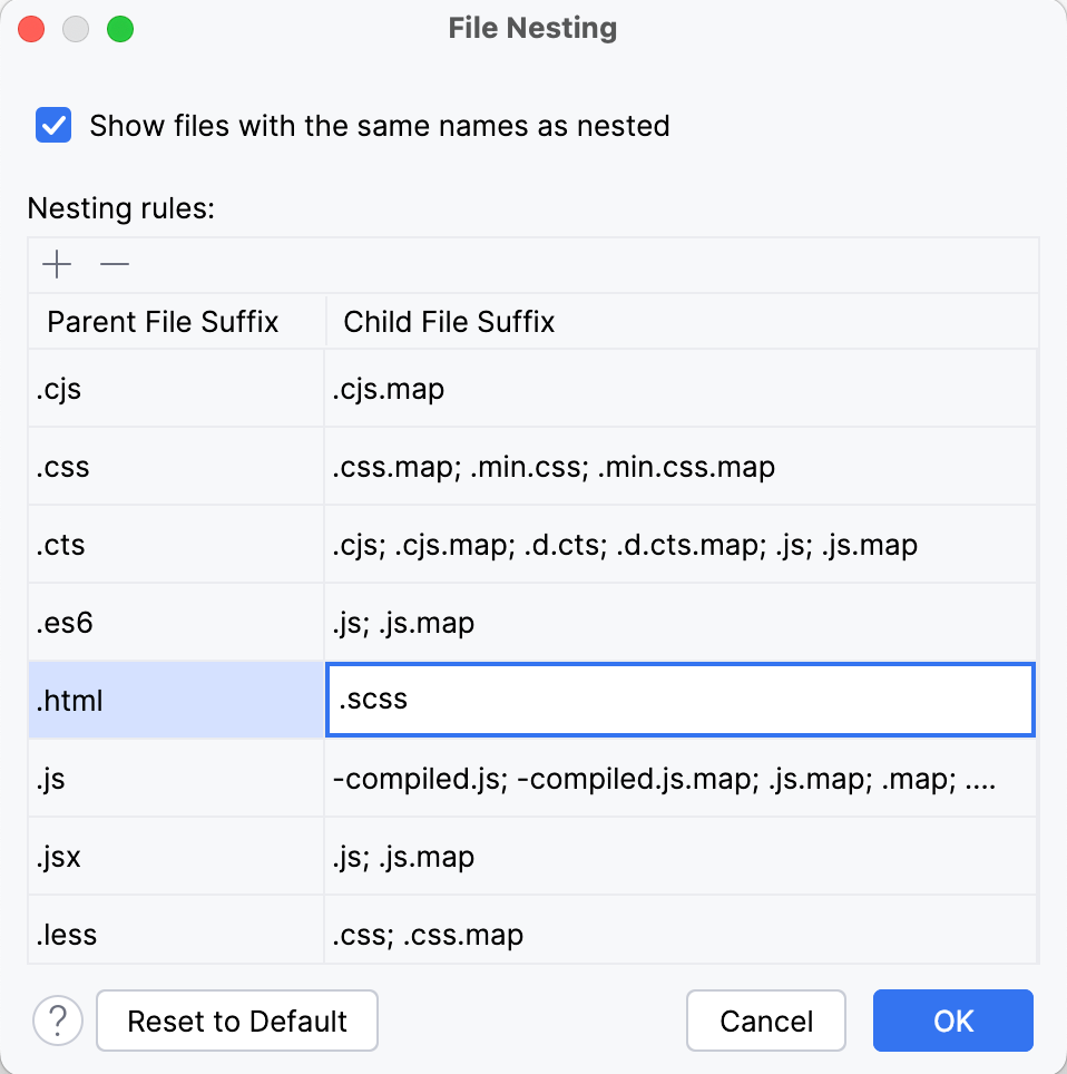 the File Nesting dialog