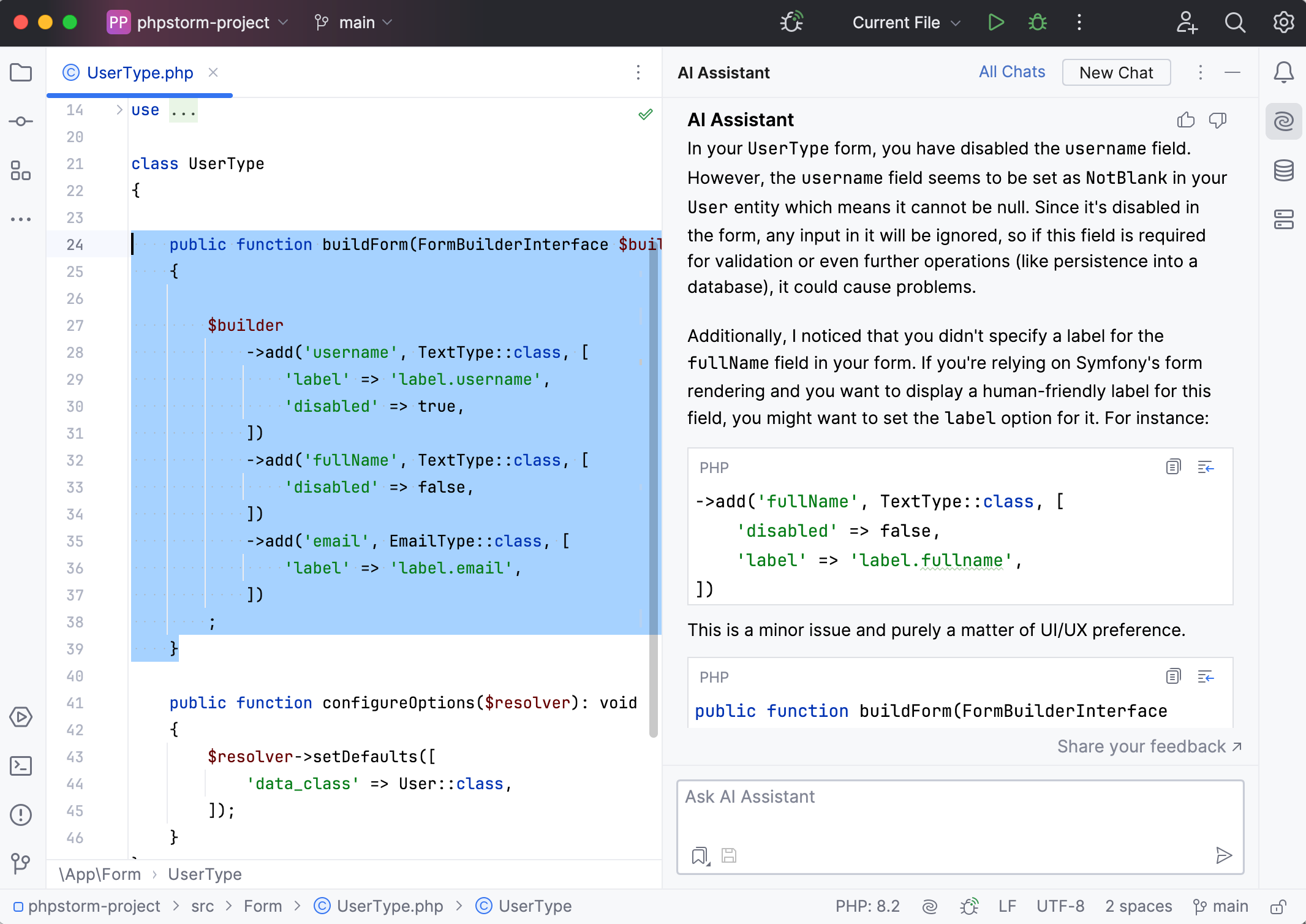 PhpStorm: AI Assistant finds potential problems in the selected code