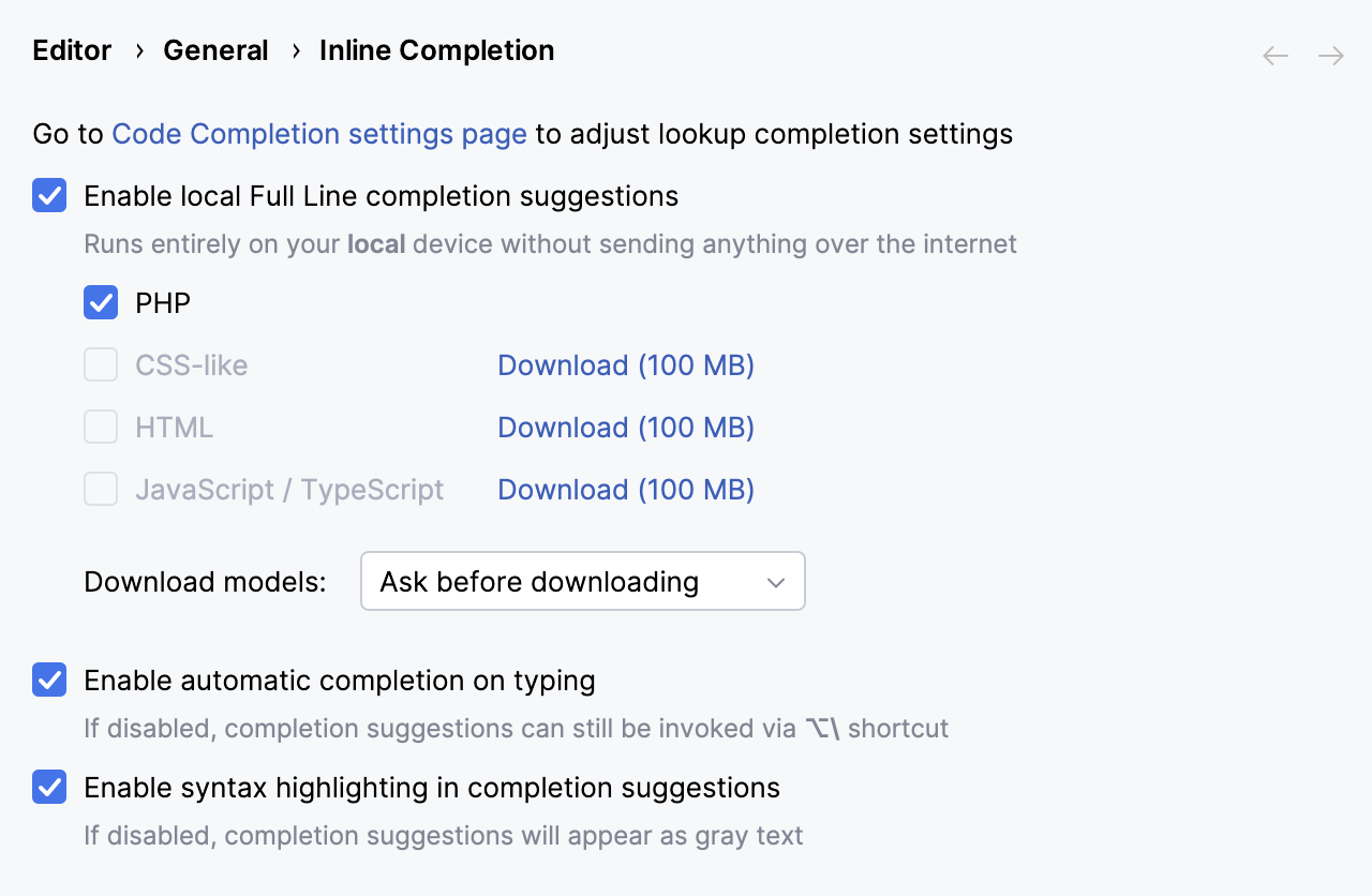 Enabling full line code completion