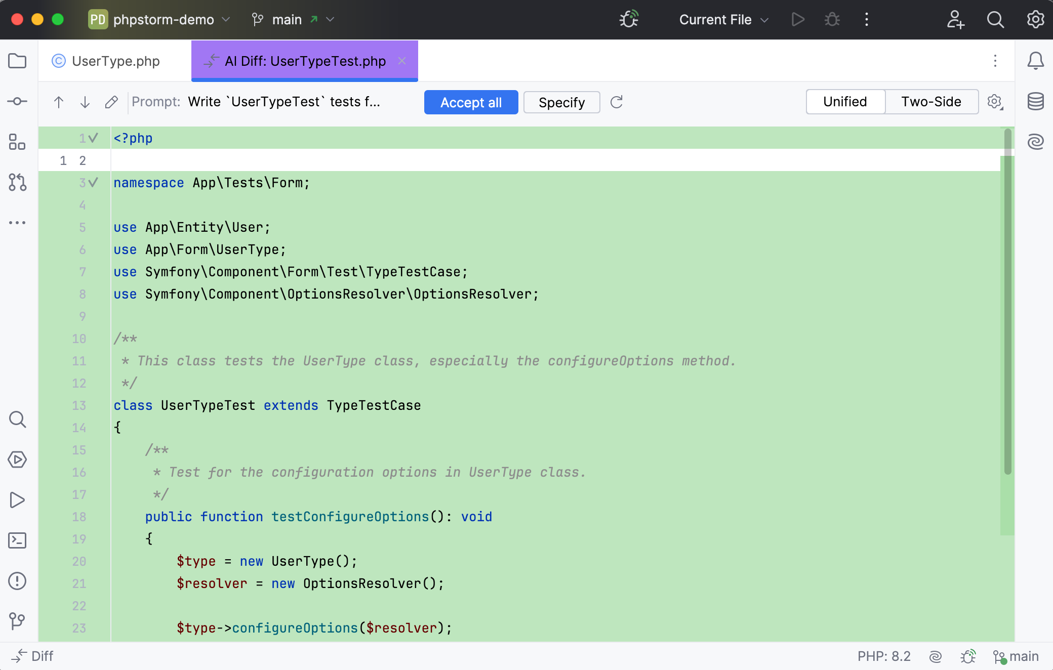 Generated unit test in a separate AI Diff tab