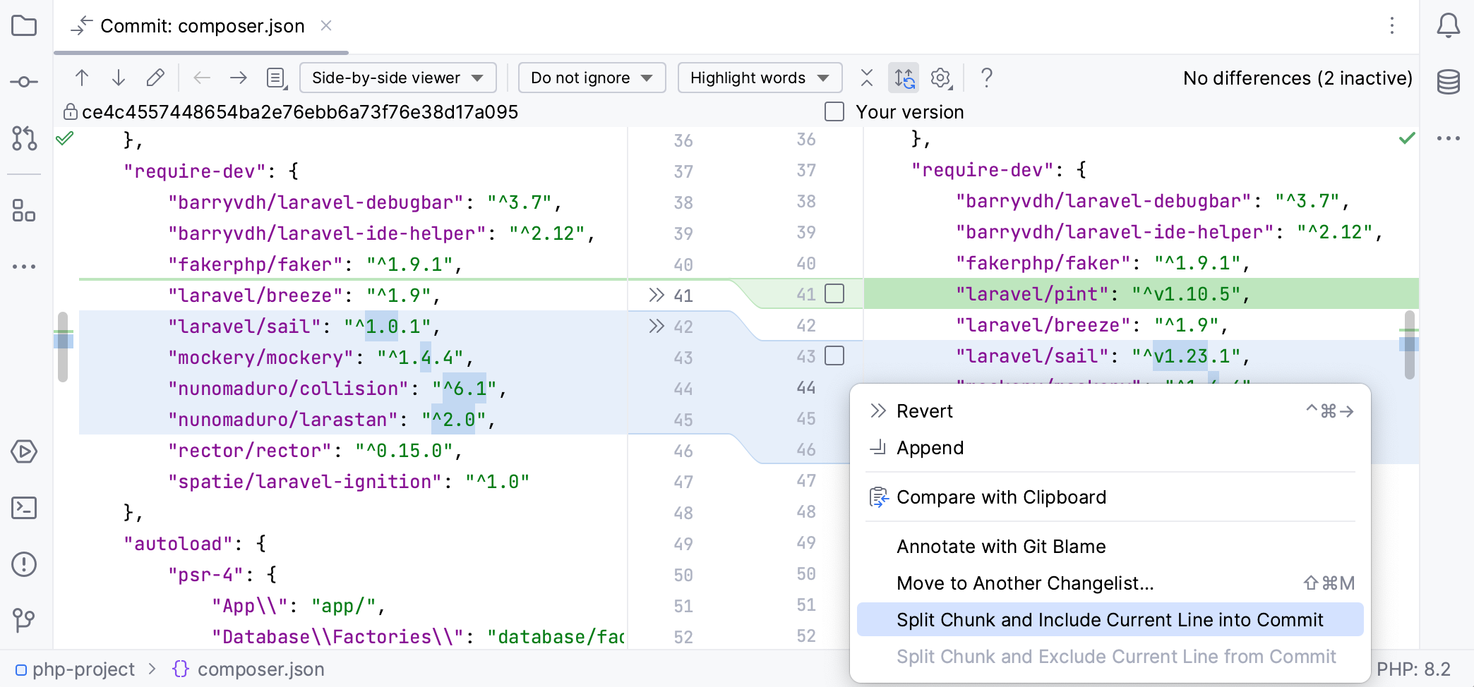 PhpStorm: An option to include current line in commit in the context menu