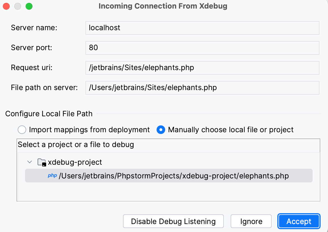 Incoming debugger connection Xdebug