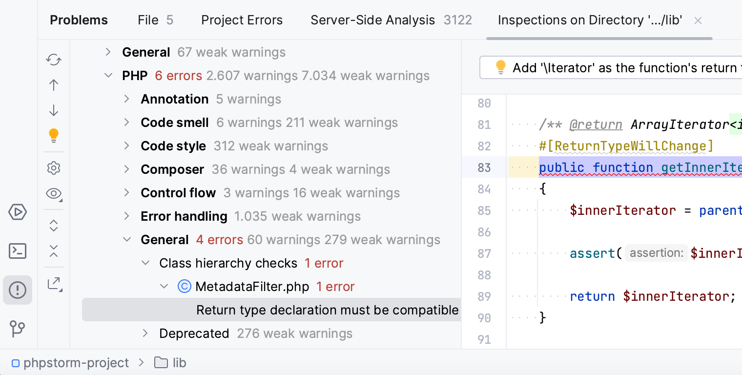 Inspection results tab