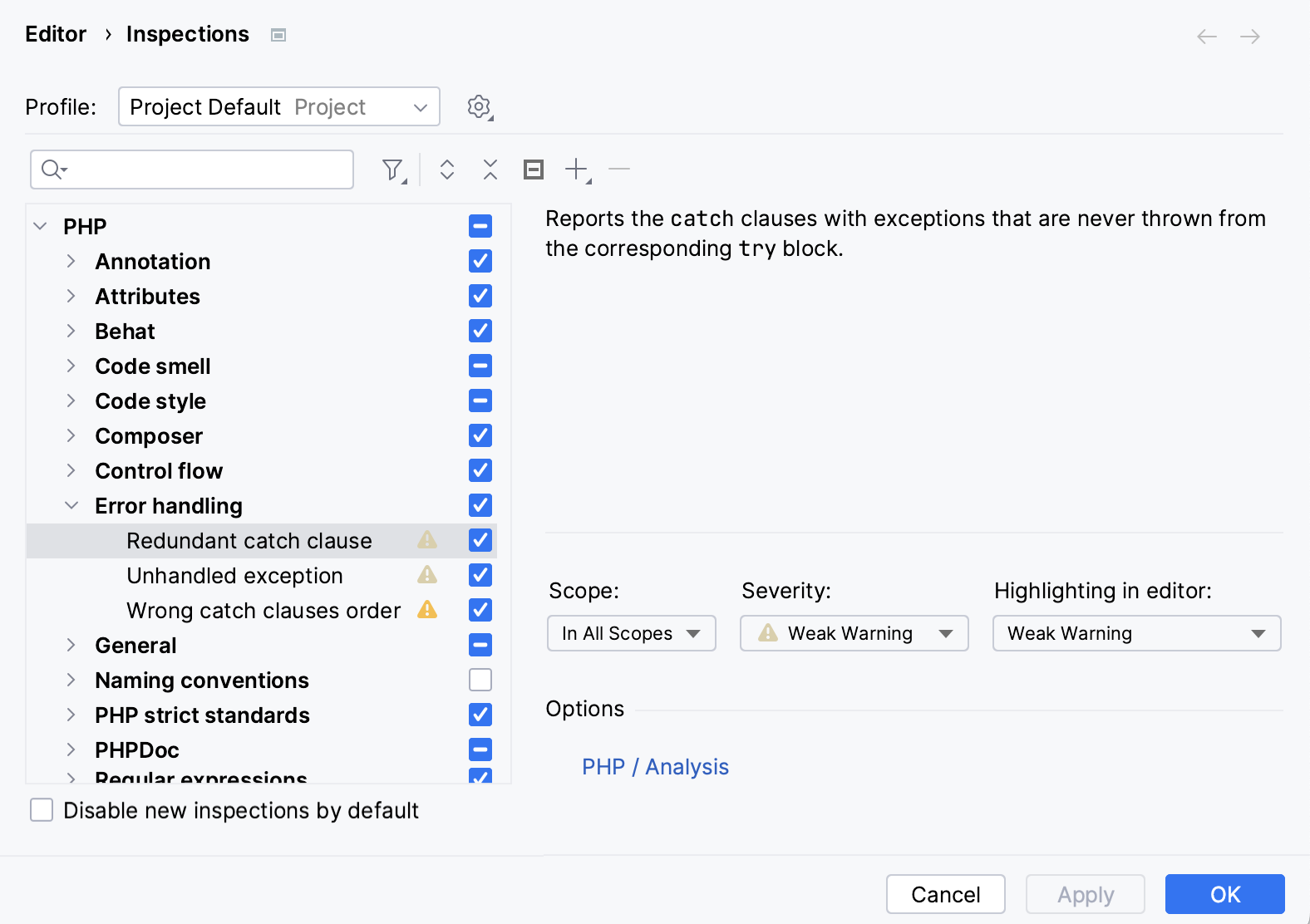 The list of inspections and their settings