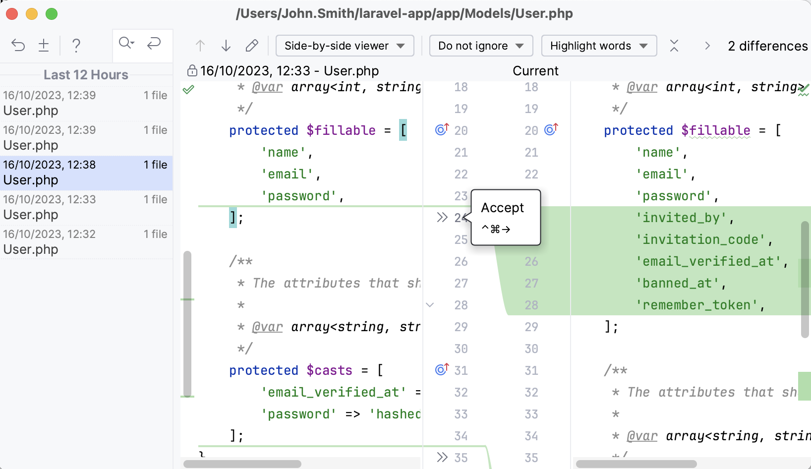 Restore code fragment from Local History