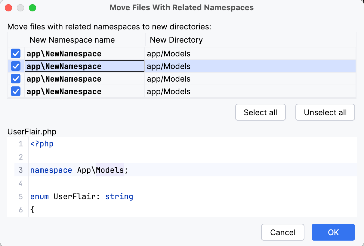 the Move Files With Related Namespaces dialog