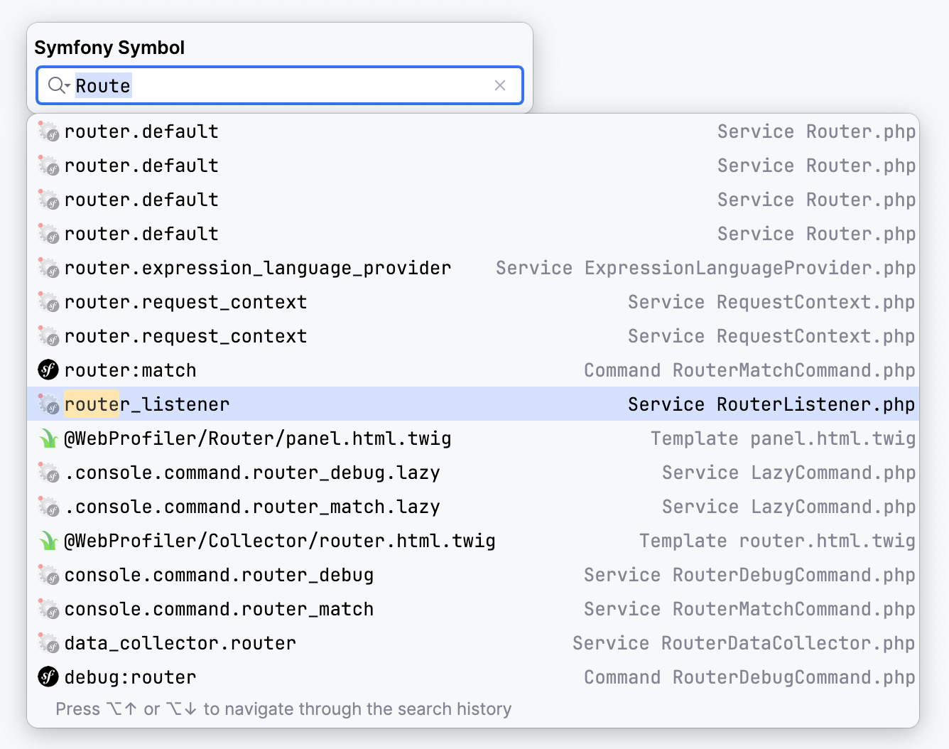 Navigate to Symfony symbol