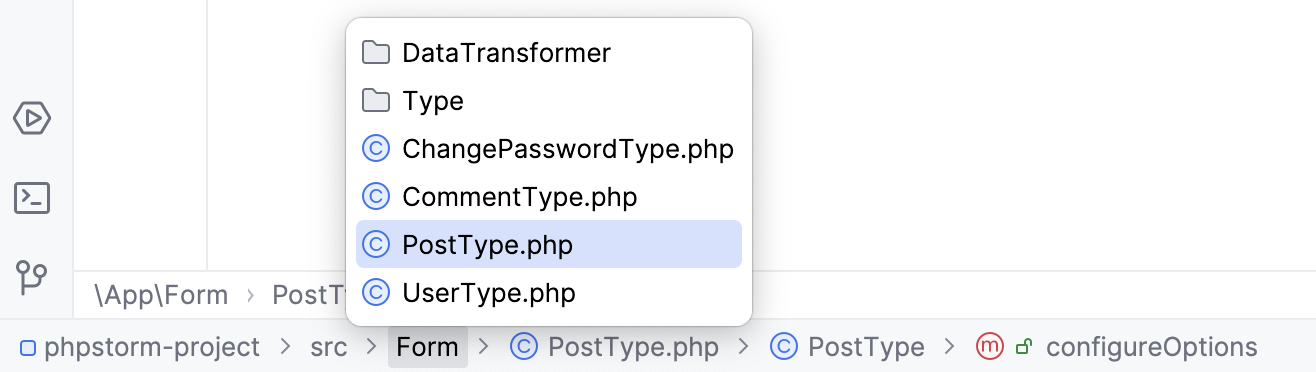 PhpStorm: using navigation bar to open files