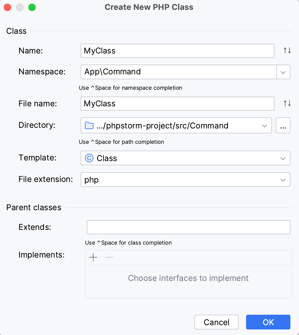Create New PHP Class dialog