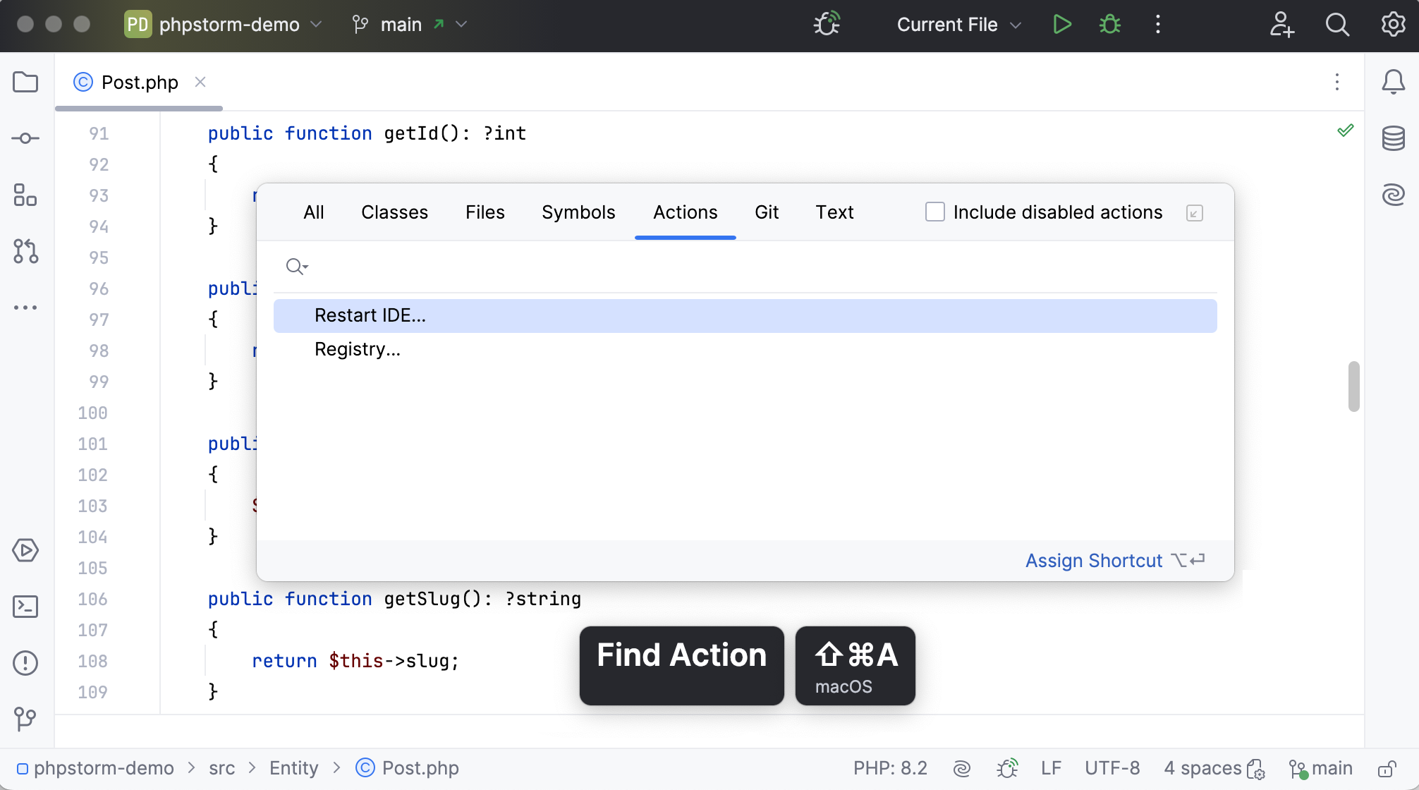 The Presentation Assistant displays the Find in Files command in the IDE.