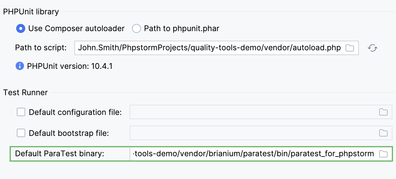 Provide path to ParaTest library in settings