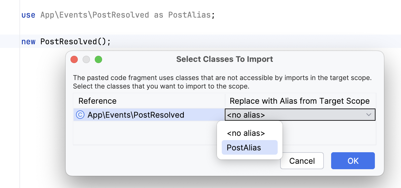 the Select Classes To Import dialog: reuse existing alias