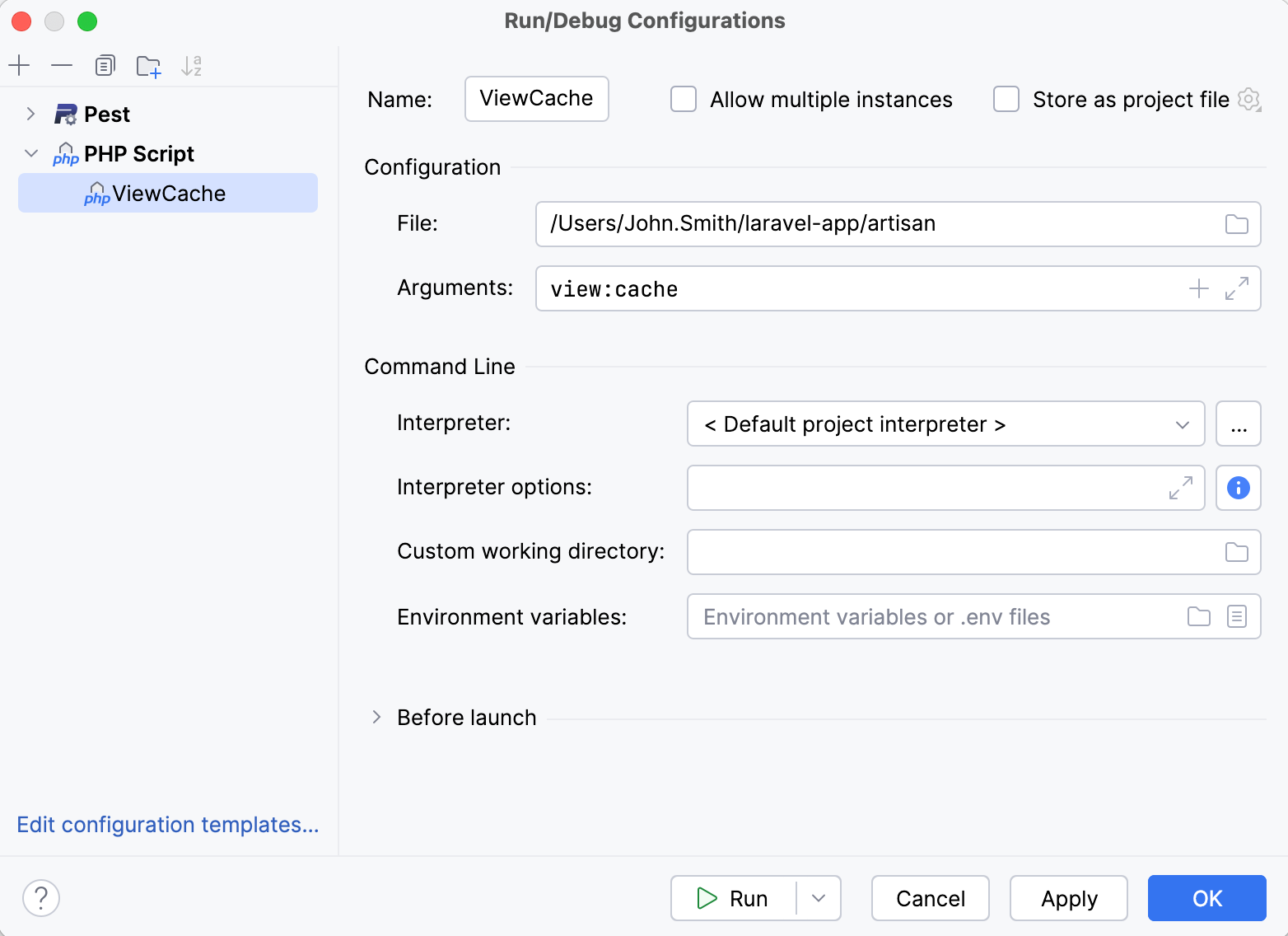 Run/Debug Configurations dialog for Laravel CLI command