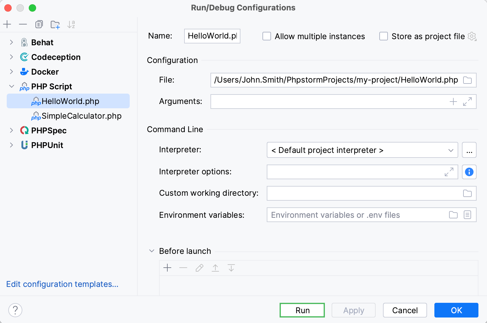 Run/debug configuration: the Run button