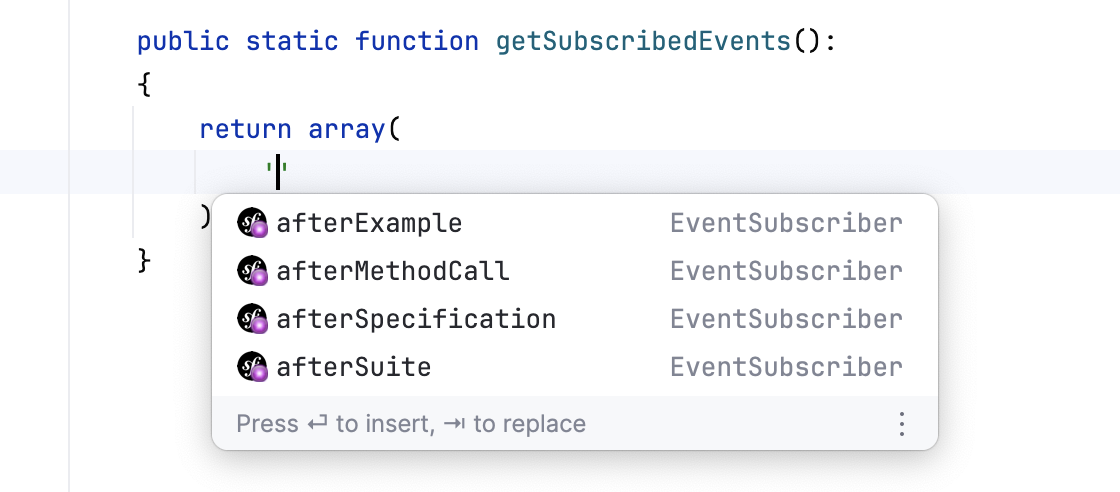 Symfony events array name completion