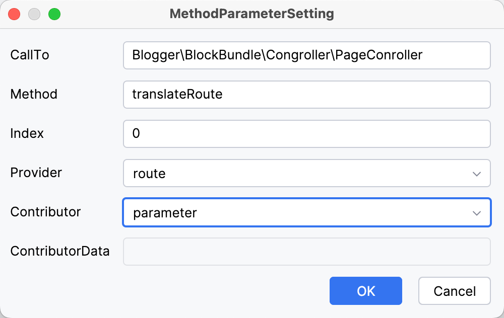 Symfony MethodParameterSetting dialog