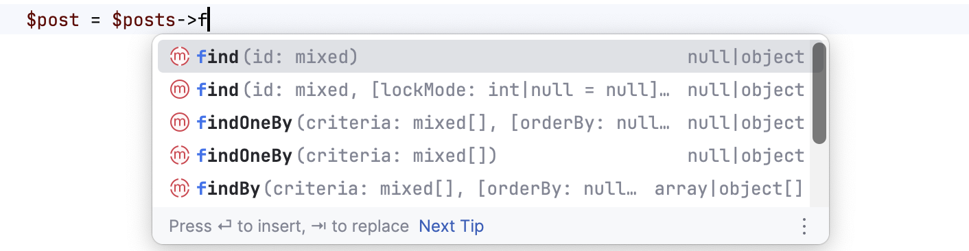 Symfony Doctrine repository methods completion