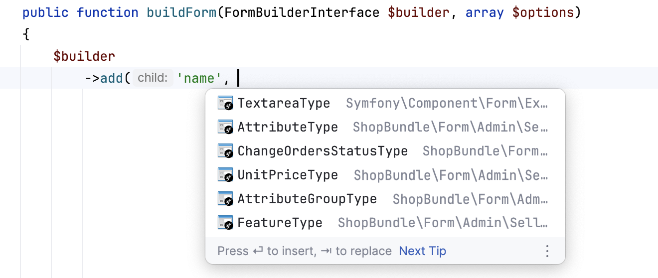 Symfony form builder field name completion