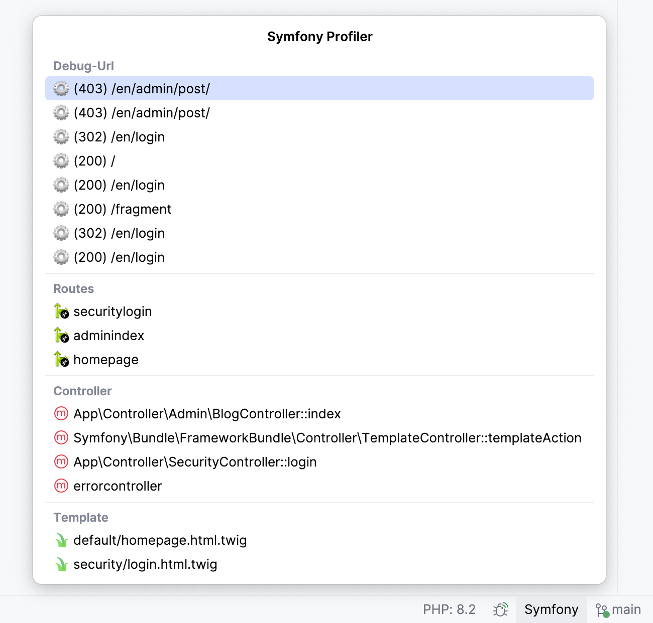 Symfony profiler toolbar