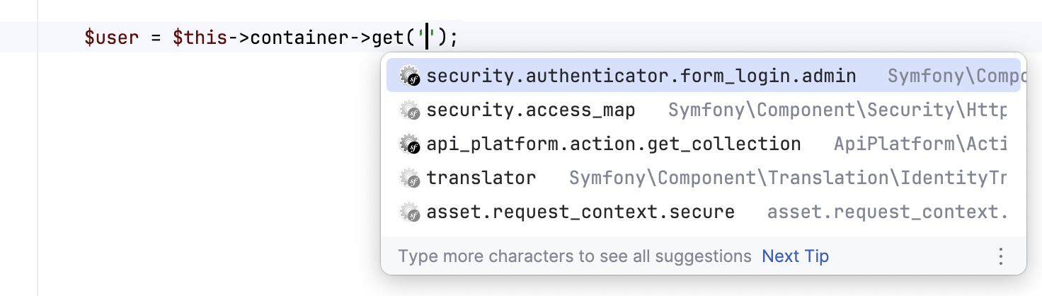 Symfony service name completion