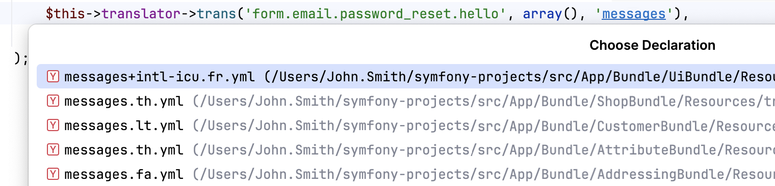 Navigate to Symfony translation domain