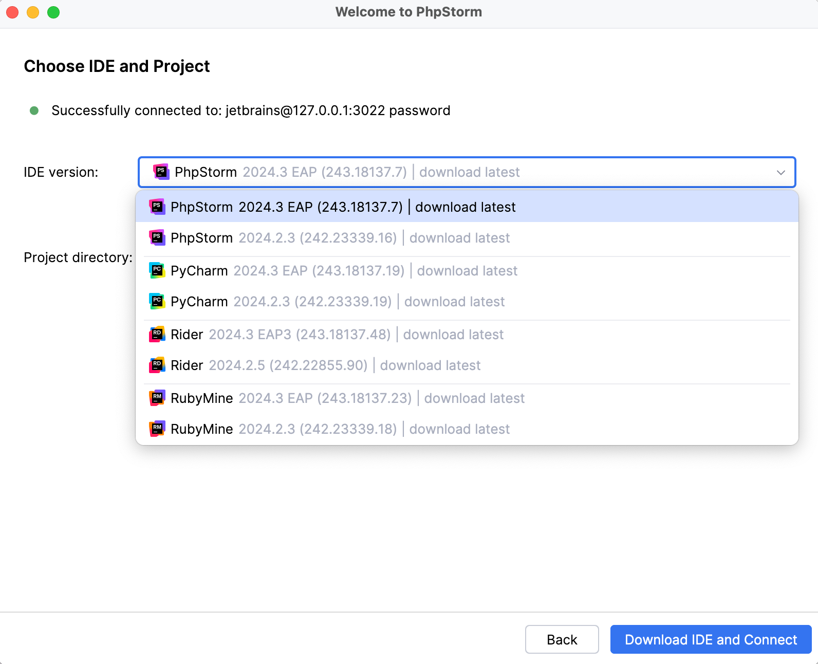 PhpStorm welcome screen