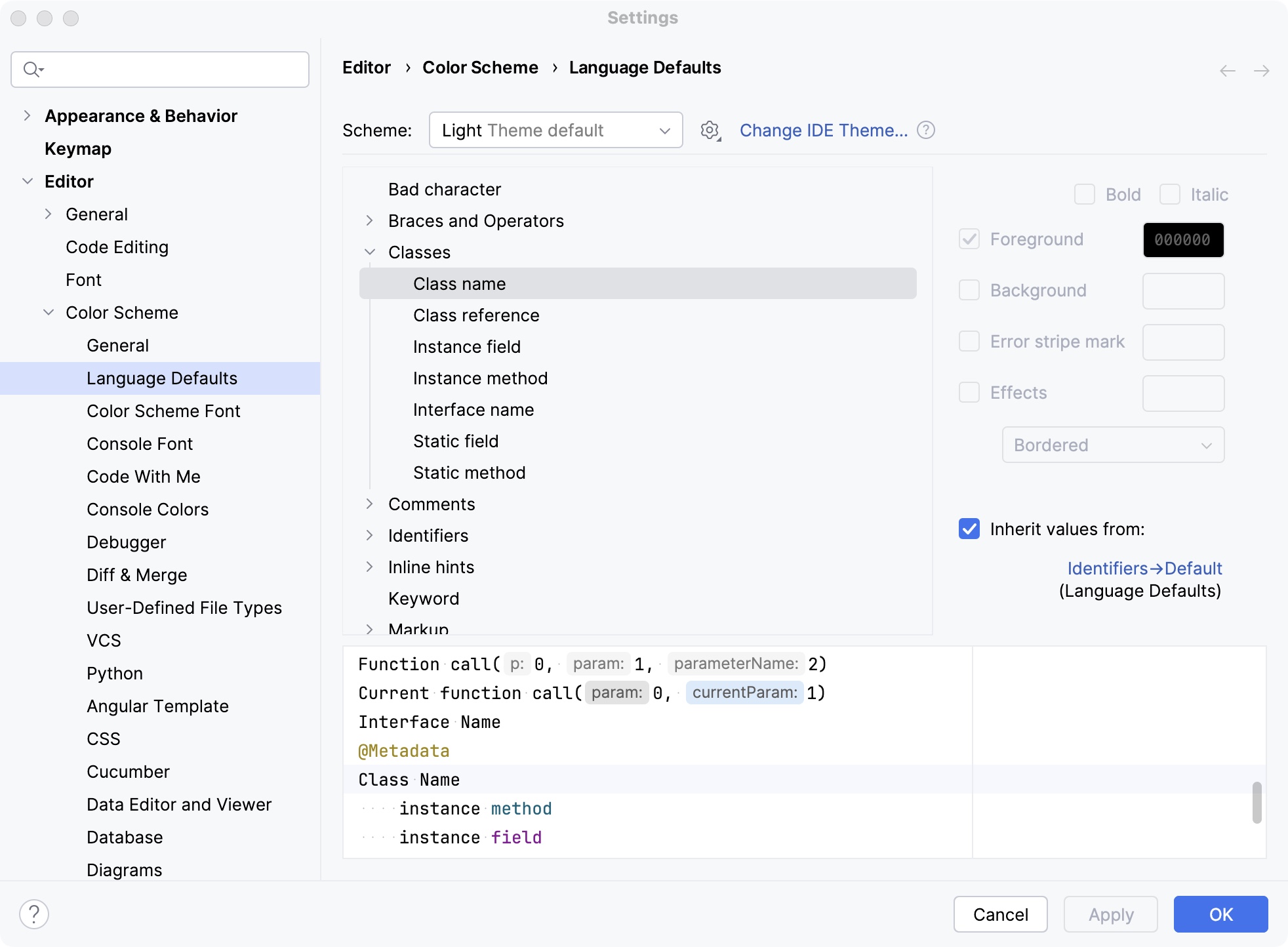 Language Defaults section under Color Scheme settings