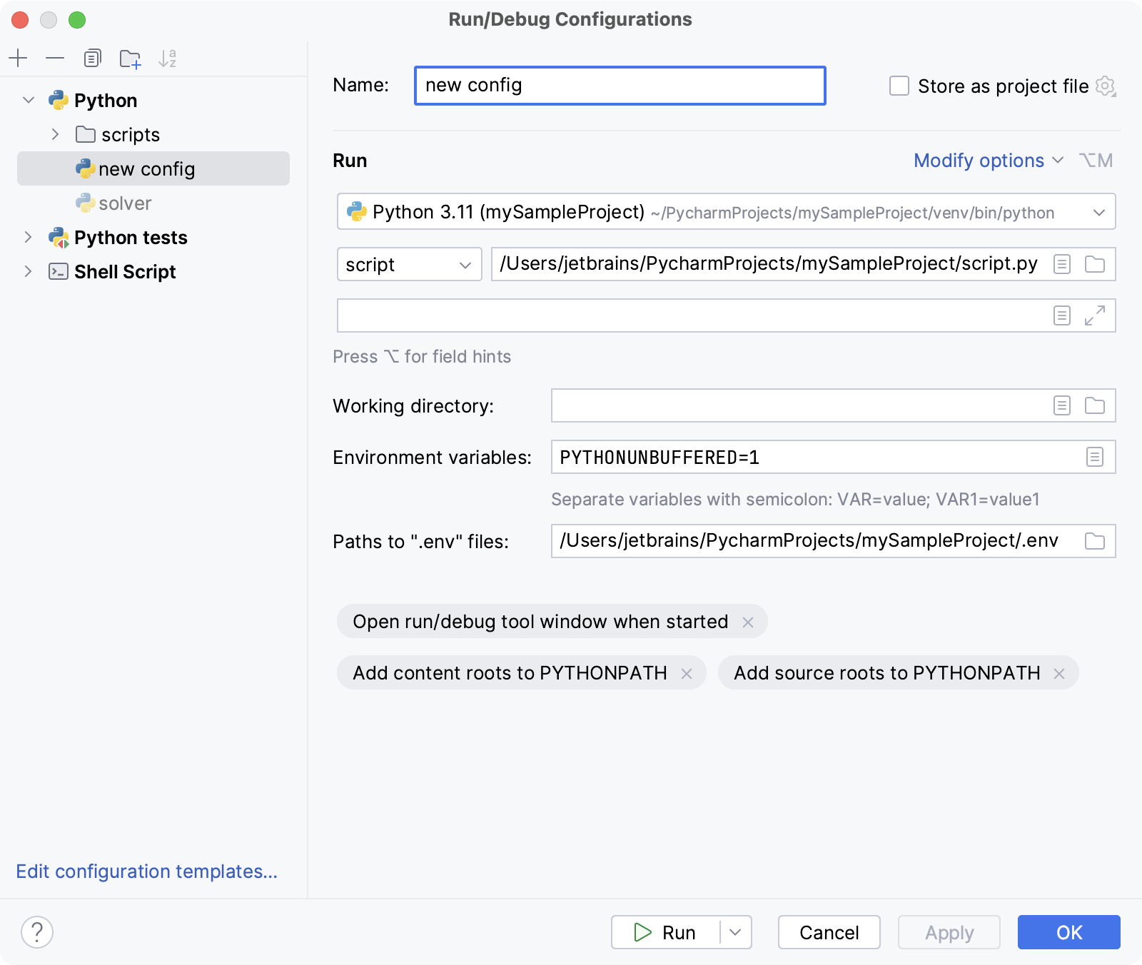 creating a new run/debug configuration