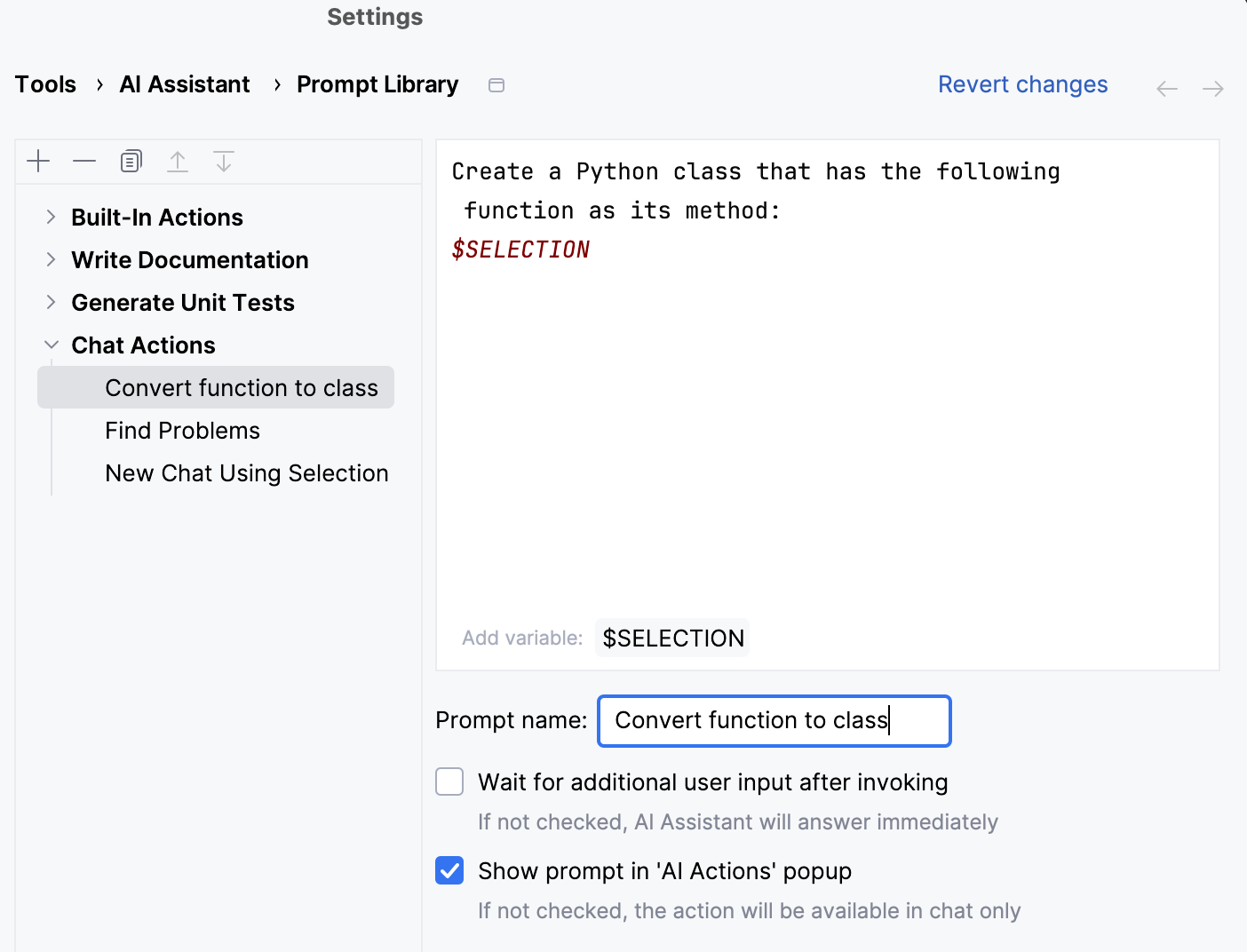 PyCharm: Custom prompt parameters