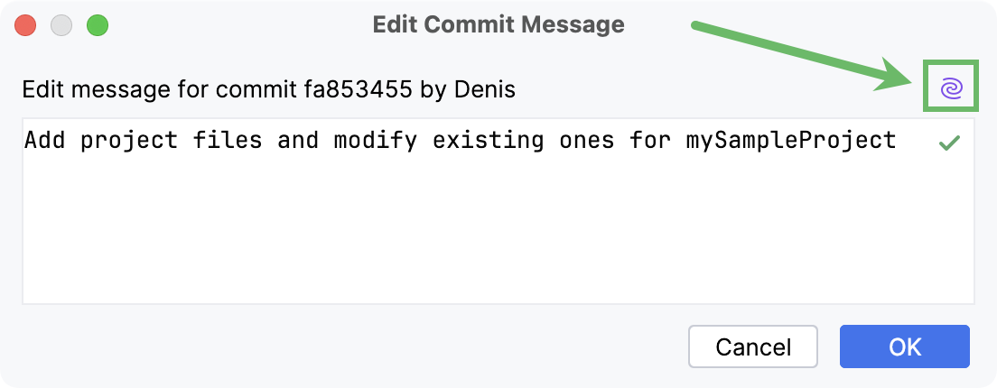 Dialog with an old commit message and the AI Assistant icon