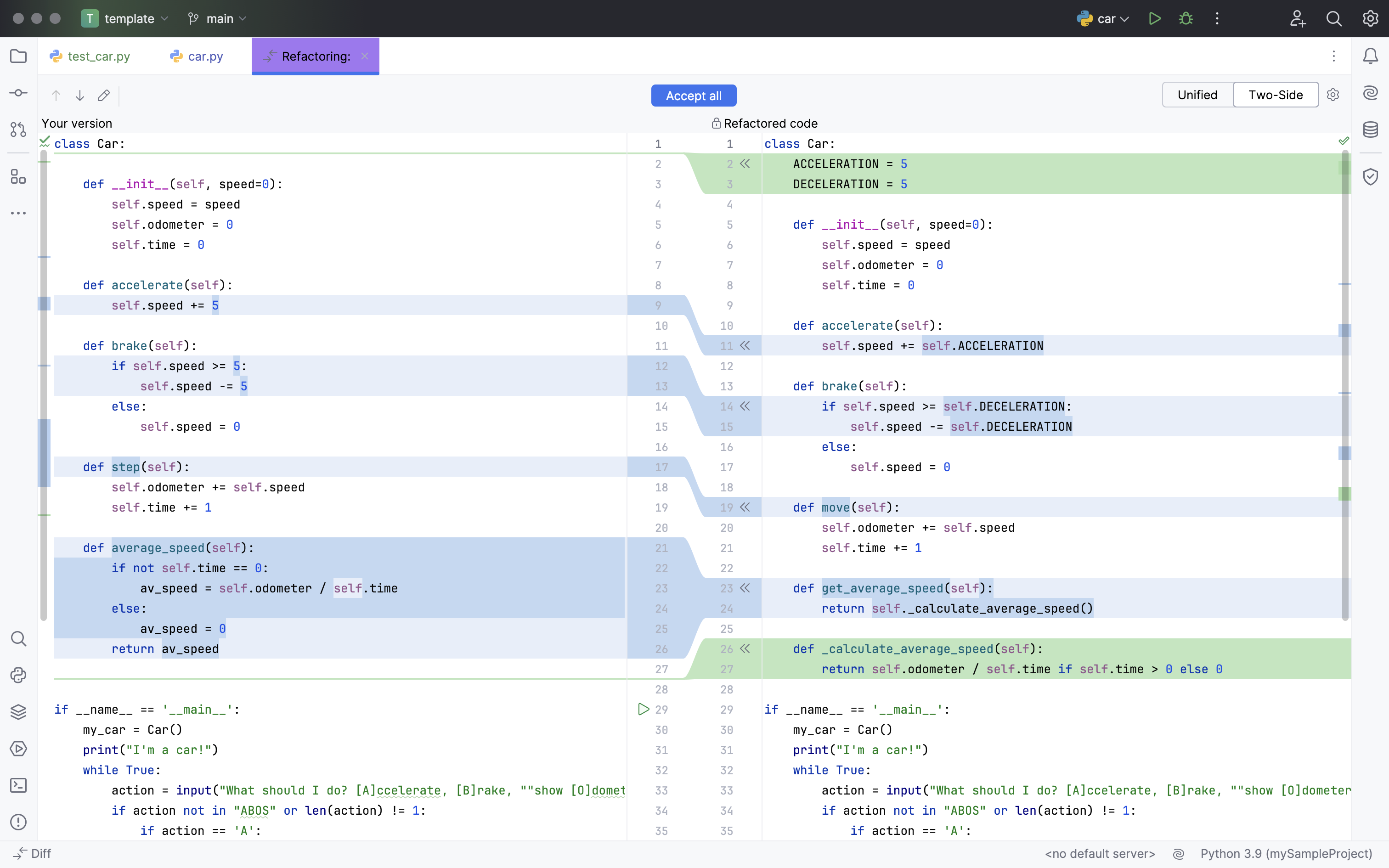 Diff tab with refactored code