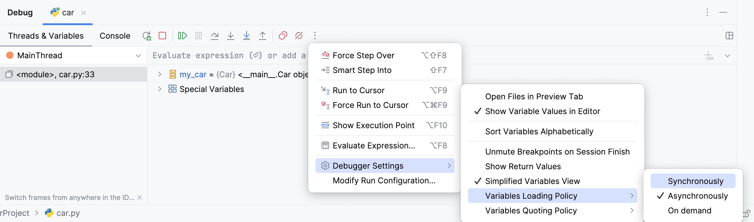 Select the variables loading policy