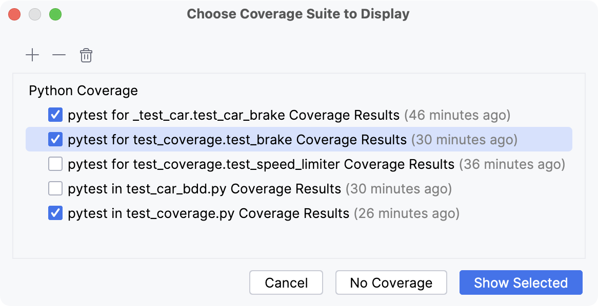 Choose Coverage Suite to Display dialog