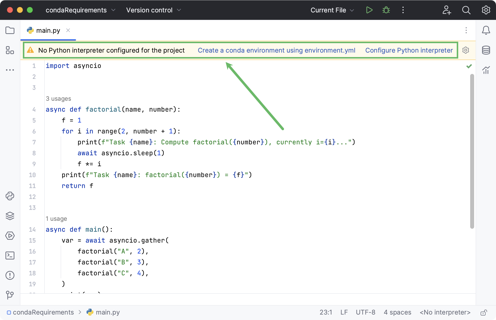 Warning with options for configuring a project interpreter