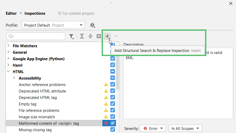 Adding a new Structural Search and Replace inspection