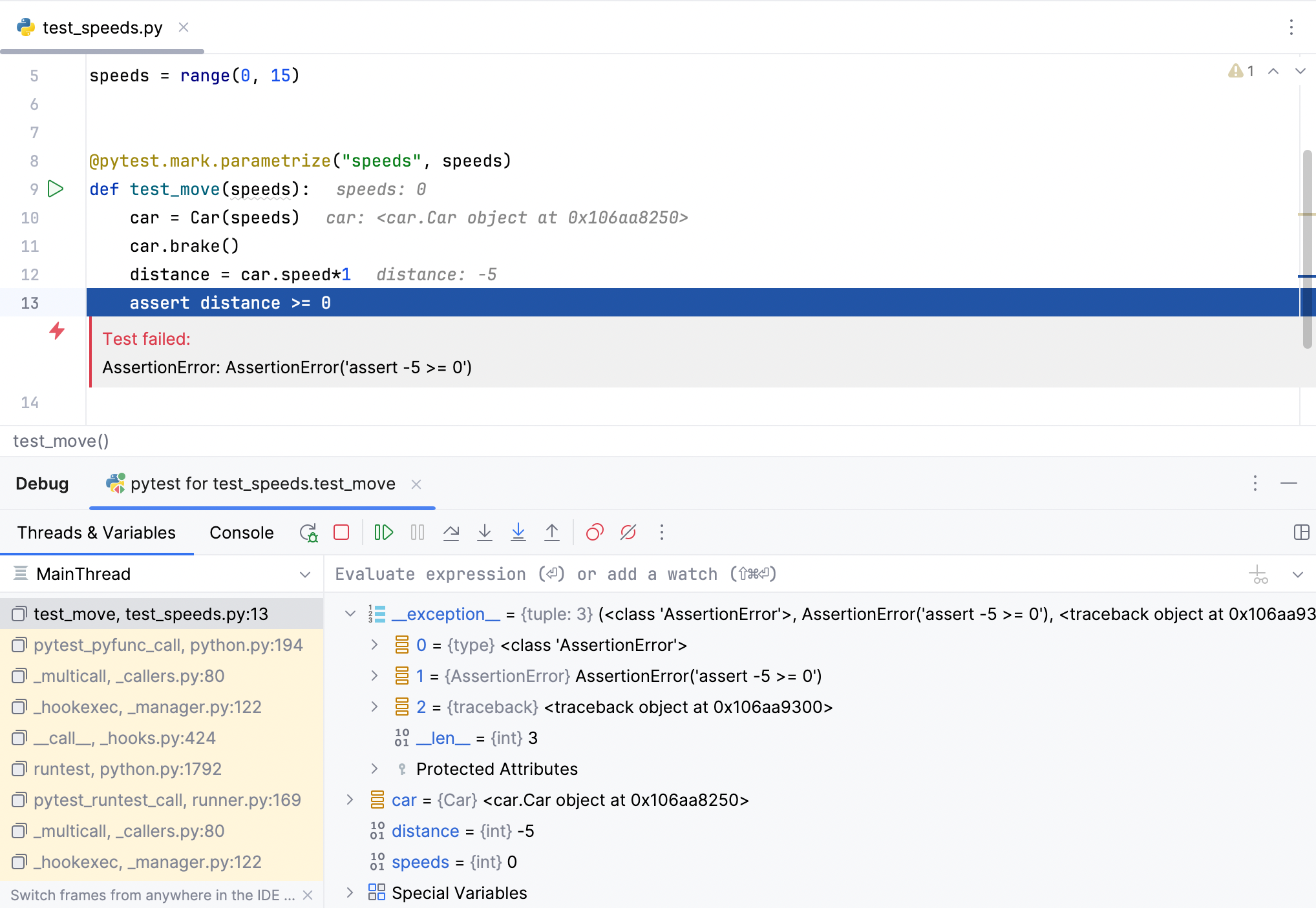 Exception breakpoint is added when debugging a failed test