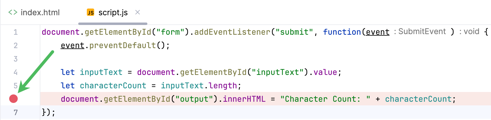 Setting a breakpoint in the JavaScript file