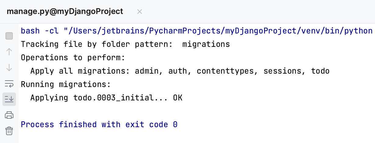 The 'migrate' command output in console