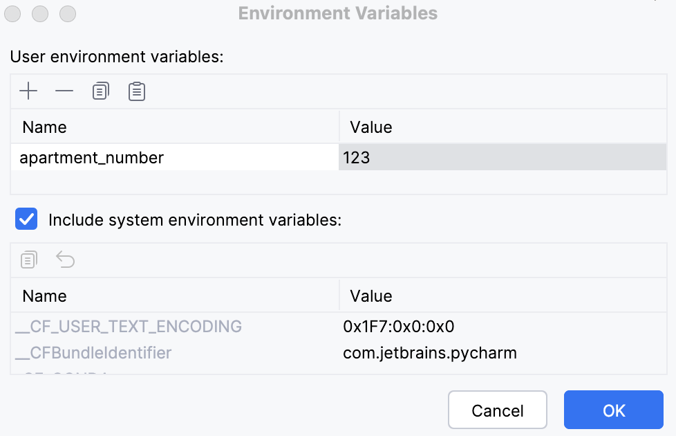 Environment variables field